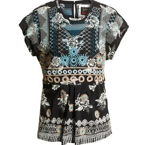 Johnny Was Printed Embroidered Silk Blouse